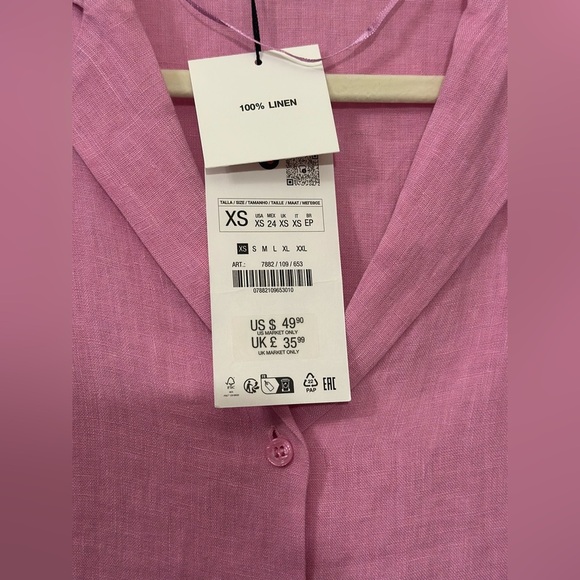 Zara Pink 100% Linen Oversized Women's Long Sleeve Button Down Top NWT- Size XS - Picture 3 of 4